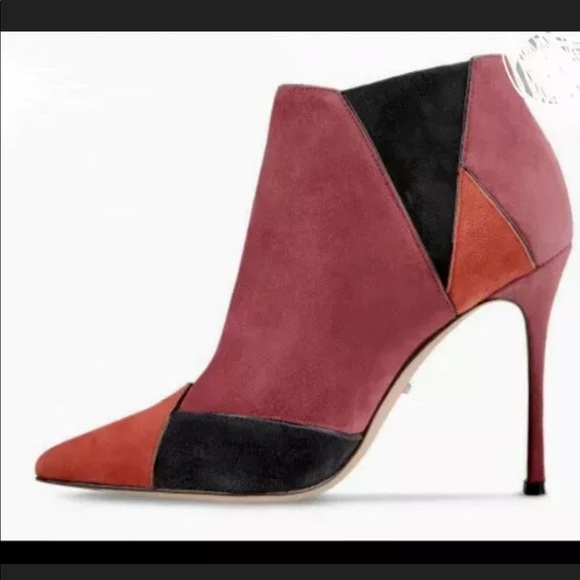 Sergio Rossi Suede Red Black Ankle Boots Heels 5.5 - Picture 1 of 10